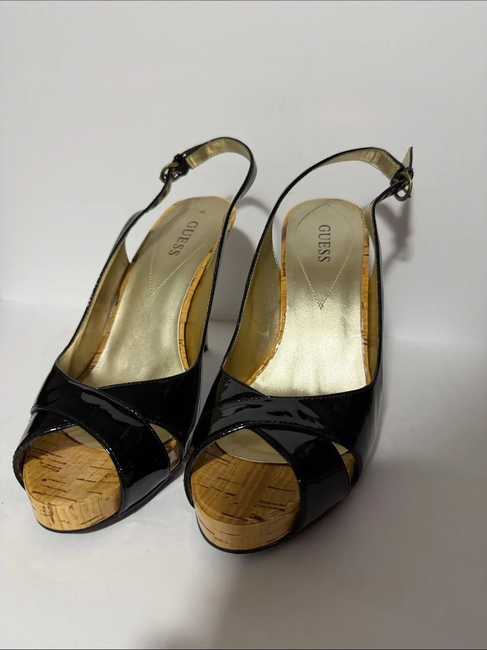Guess Black Patent Open-Toe Slingback Cork Wedges